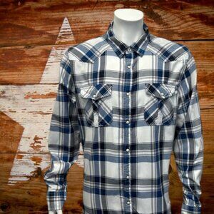 American Eagle White Blue Gray Plaid Western Vintage Fit Pearl Snaps Shirt XXL